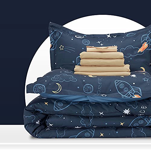 SLEEP ZONE Kids Full/Queen Size - 7 Pieces Super Cute & Soft Bedding Sets & Collections Including Comforter, Sheet, Pillowcase & Sham - Fade Resistant Easy Care (Space Rocket)
